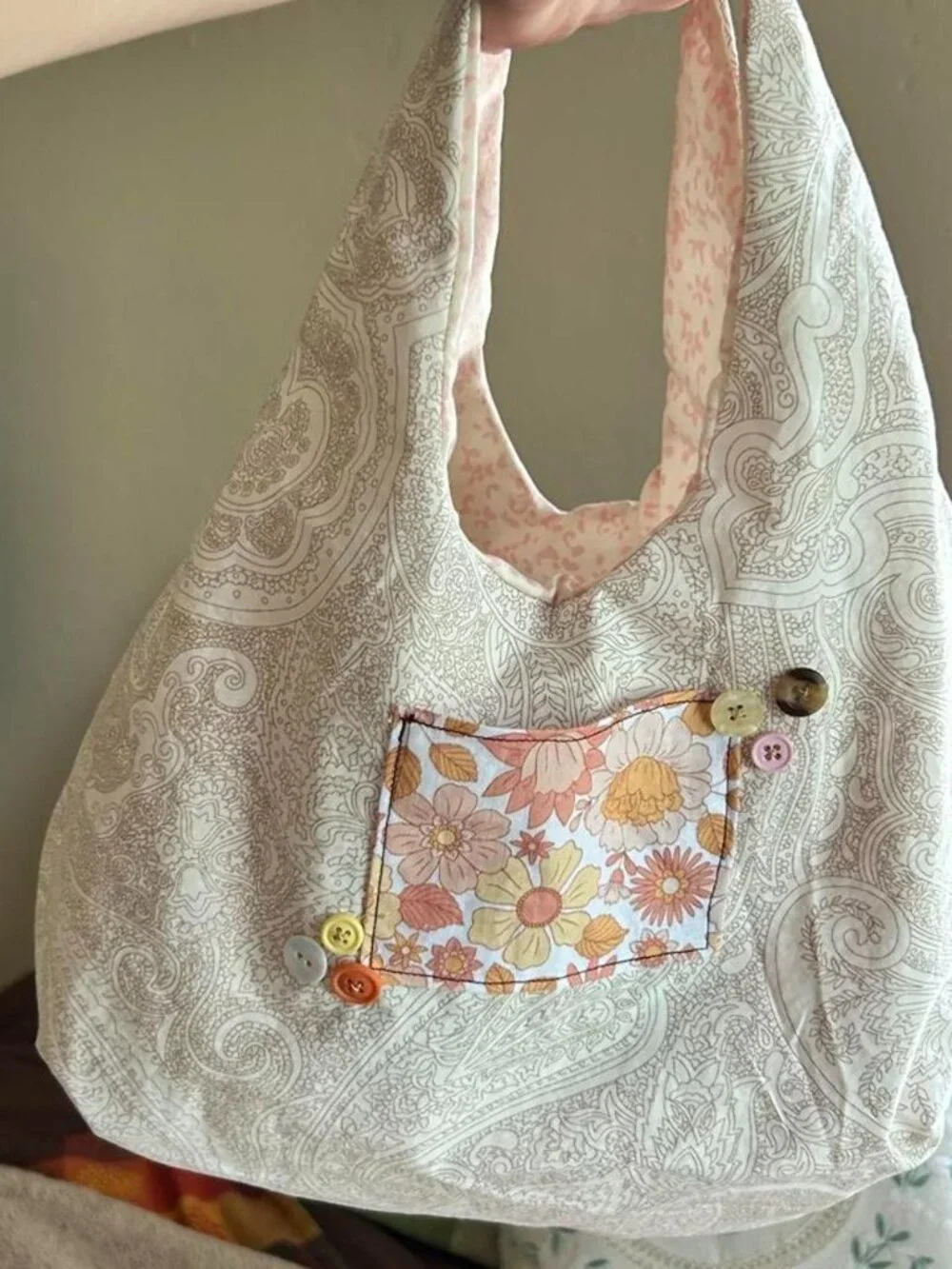 Handmade cream & white paisley print tote bag with floral pocket and button deta